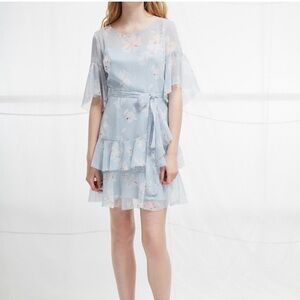 French Connection Floral Sheer Dress - Light Blue and White